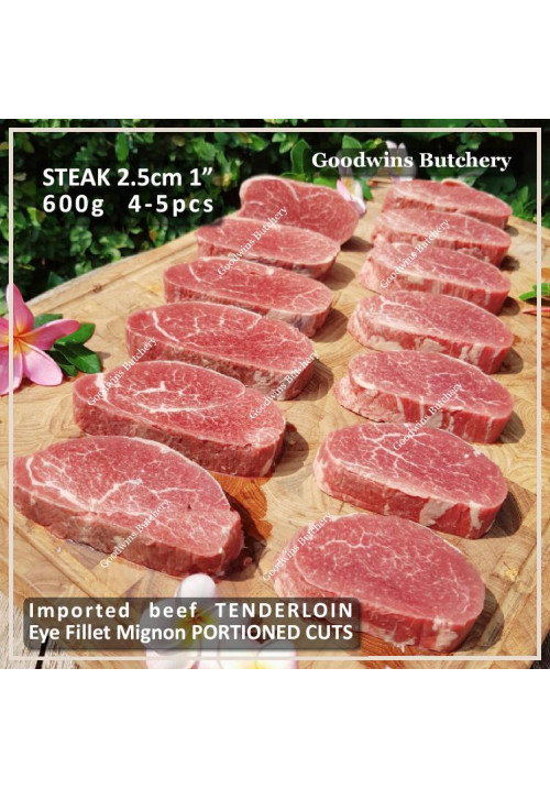 Beef Eye Fillet Mignon Has Dalam AGED TENDERLOIN "PR" (Prime) New Zealand TAYLOR PRESTON frozen steak 2.5cm 1" (price/pack 600g 3-4pcs)